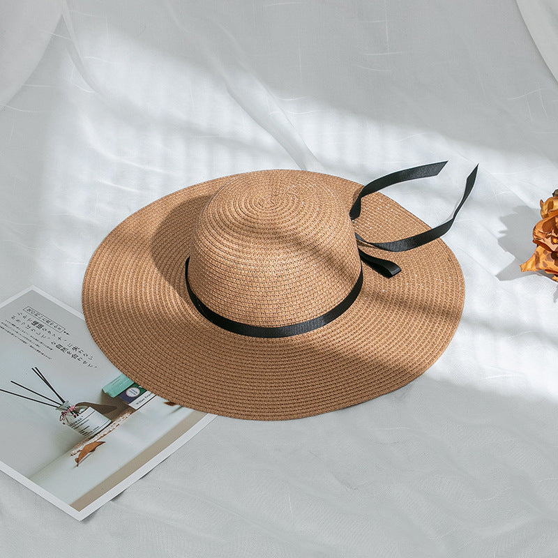 Wholesale of Large Eaved Bow Tie Satin Ribbon Straw Woven Hats